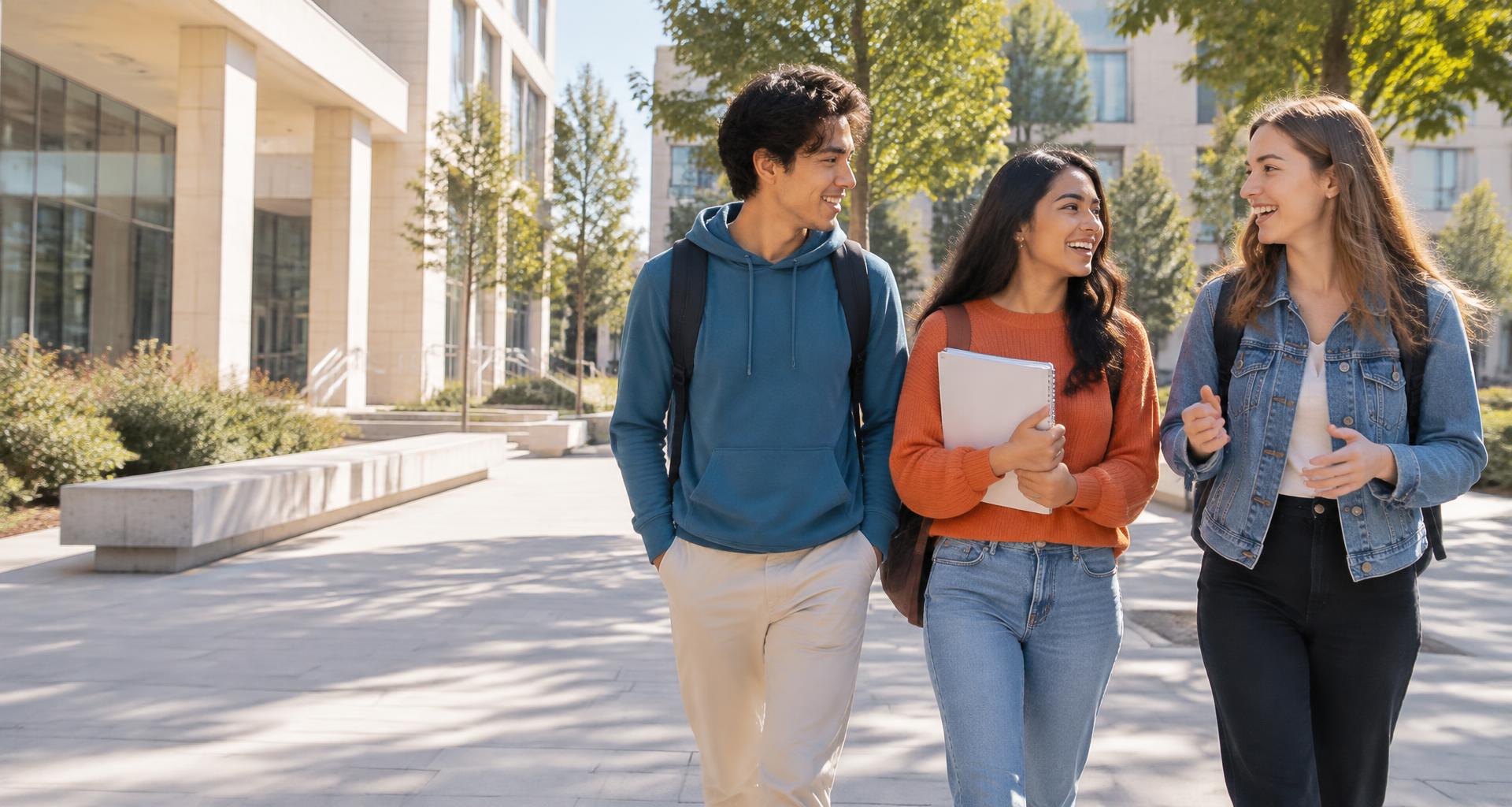AI-generated illustration of students walking together through a campus courtyard